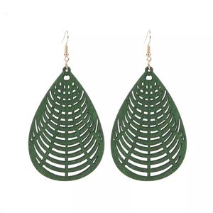 African Wooden Water Drop Earrings- Green